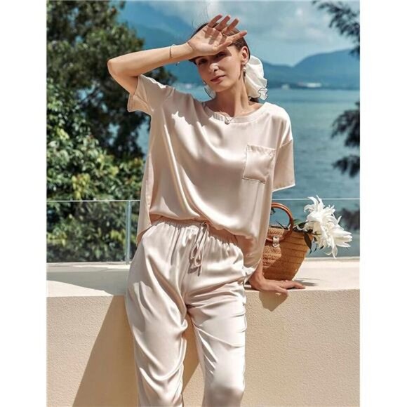 Women's Satin Silky Pajama Set - Short Sleeve Shirt & Long Pants, Soft Summer - Picture 3 of 7